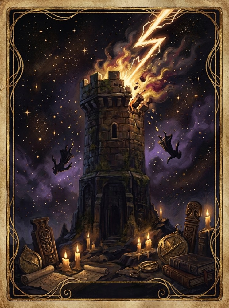 The Tower — an illustrated tarot vignette in deep cosmic space with gold linework