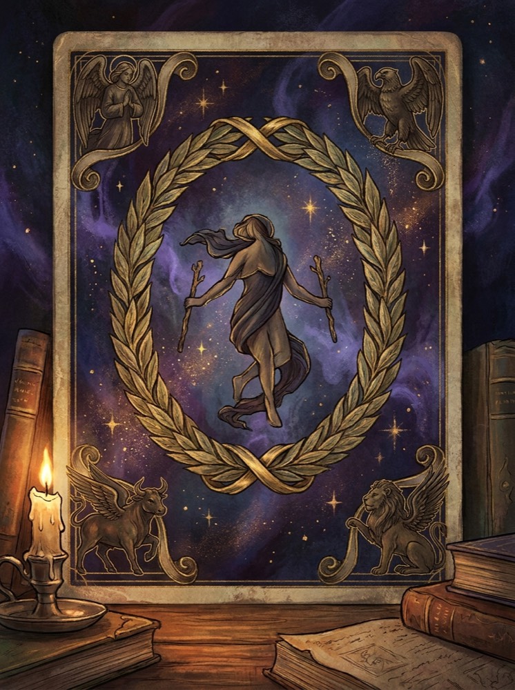 The World — an illustrated tarot vignette in deep cosmic space with gold linework