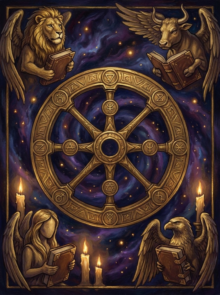 Wheel of Fortune — an illustrated tarot vignette in deep cosmic space with gold linework