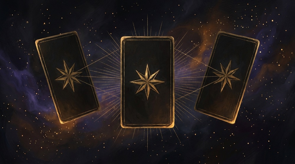 A spread of Major Arcana tarot cards on dark velvet beneath a field of gold stars