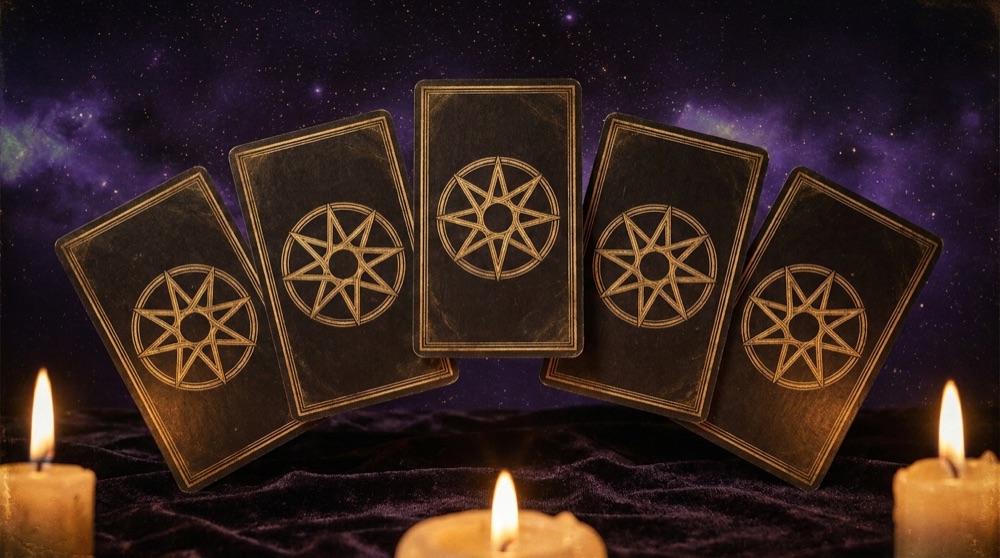 Five tarot card backs fanned on dark velvet under a field of gold star points, one card slightly lifted