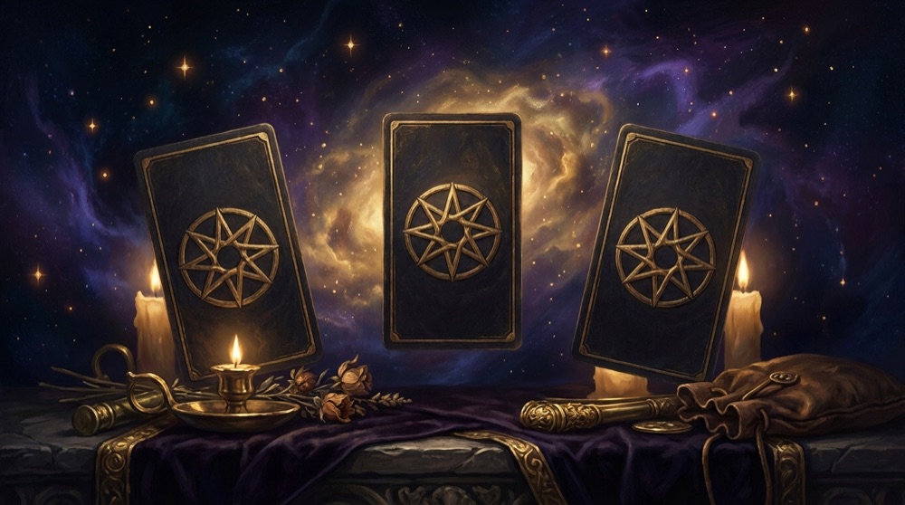 Three fanned tarot card backs in deep space, a warm golden nebula bloom behind the center card