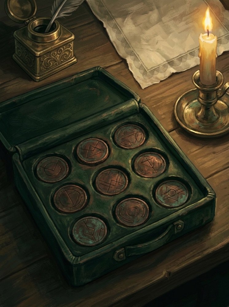 A worn bottle-green leather till holding nine tarnished coins face-down, with a brass inkwell and ledger paper